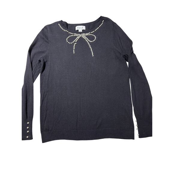 ELLE Womens M Black Stretchy Pearl Bow Neckline Classy Pullover Sweater - Picture 1 of 9